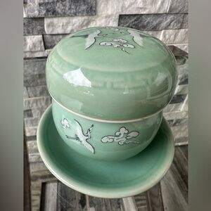 Korean Vintage  Celadon Glaze Porcelain Hand Painted Tea Jar with Strainer Birds